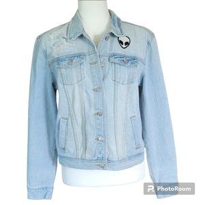 Brandy Melville Denim Jacket Alien Head Patch Distressed Trucker Size Large